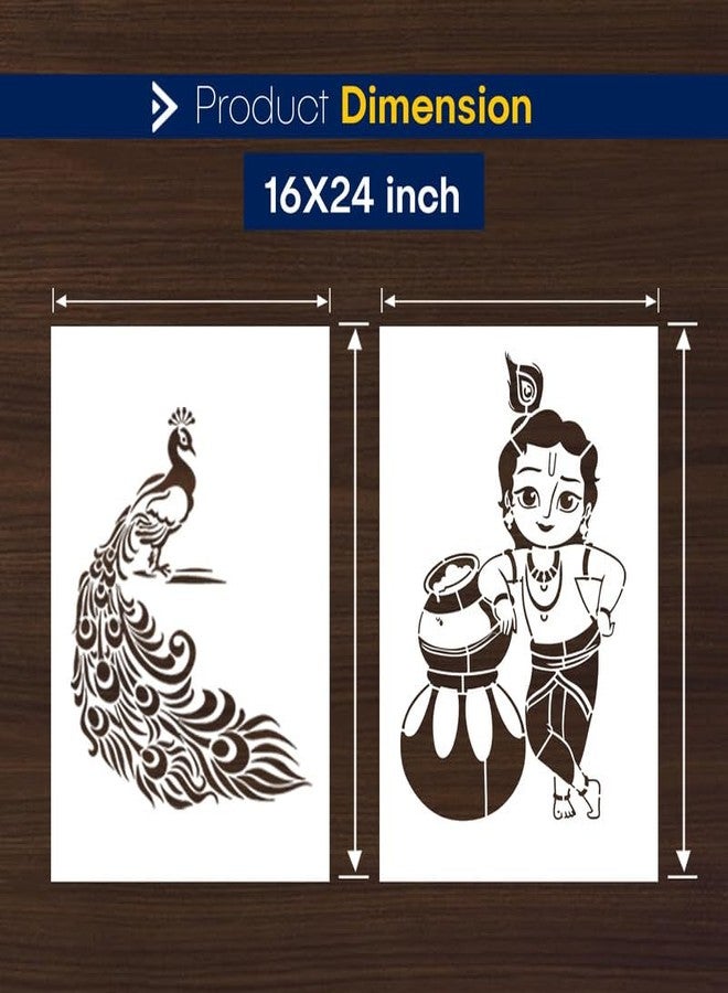ARandNJ Theme- Peacock Bird & Natkhat Krishna Print DIY Reusable Design Ideal for Kids Room, Entrance, Bedroom Decoration Modern Pattern Home Wall Stencil (Pack of 2, Stencils for Wall Painting) - Image 2